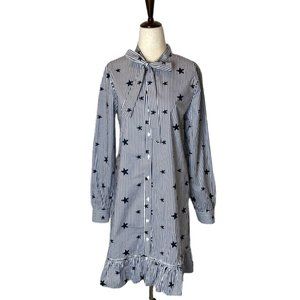 Jeuvre Navy Blue And White Striped And Stars Ruffled Hem Tie Neck Mini Dress M